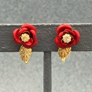 Clip On Earrings Red Rose Gold Leaf Rhinestone Center Flower Classic Granny